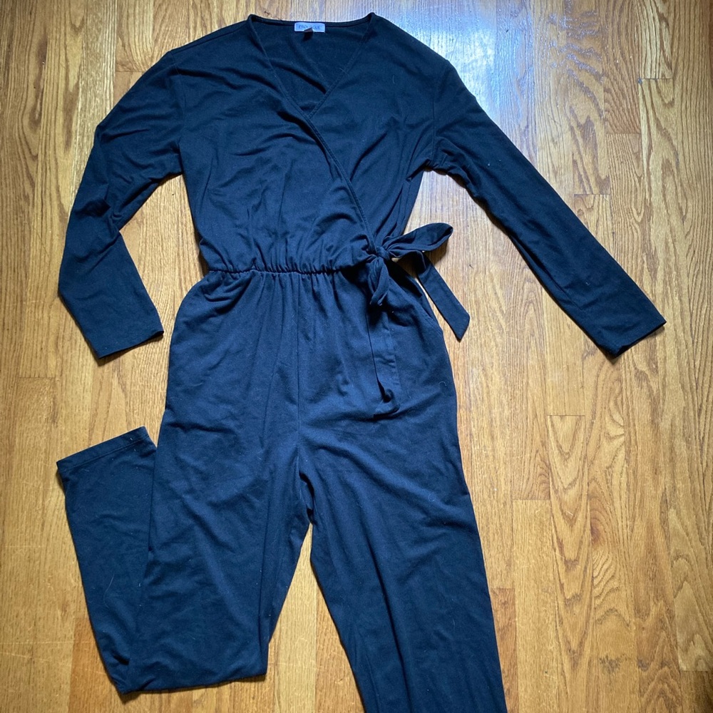 Black knit Prologue jumpsuit Women’s S wrap tie waist pockets